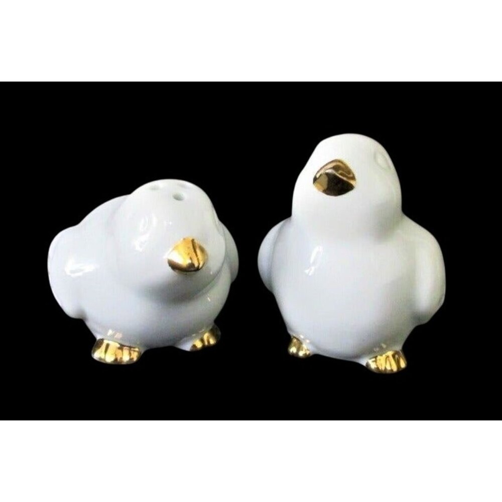 Porcelain Bird Salt & Pepper Shakers With Gold Accents